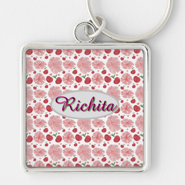 Custom and personalized watercolor floral pattern  keychain (Front)