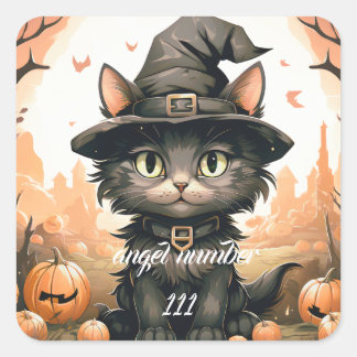 custom angel number Halloween Black cat Square Sticker