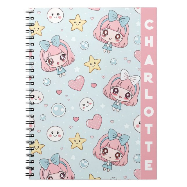 Custom Anime Kawaii with Hearts and Star Notebook (Front)
