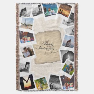 Custom Anniversary Photo Collage with Linen Throw Blanket