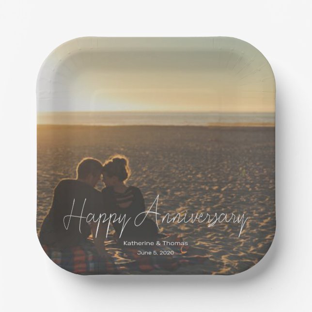 Custom Anniversary Photo Personalized text modern  Paper Plate (Front)