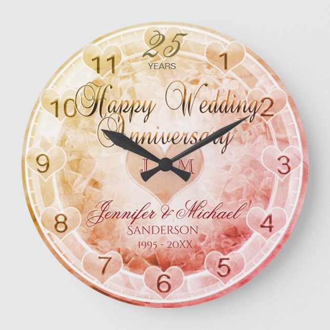 Custom Any Year Wedding Anniversary Hearts Large Clock (Front)