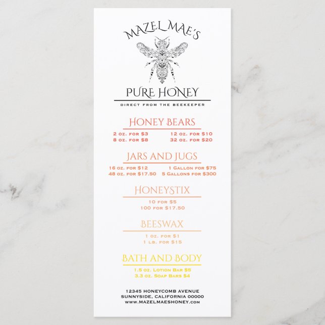 Custom Apiary Honey Menu (Front)