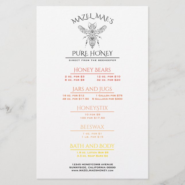 Custom Apiary Honey Menu (Front)