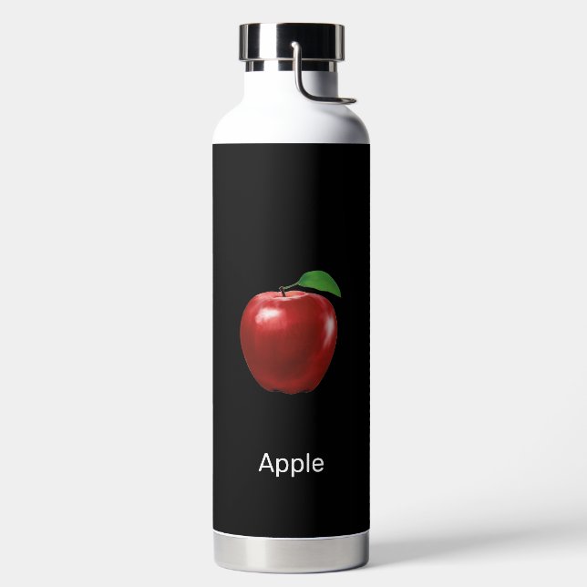 Custom Apple Fruit Image & Editable Text on Black Water Bottle (Left)