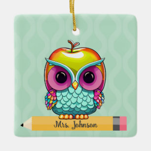 Custom Apple Owl Teacher Name Christmas Ornament