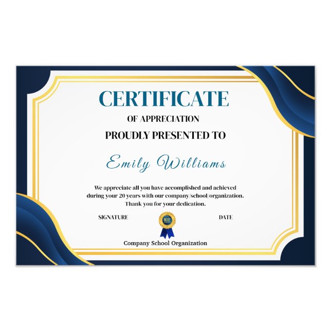 Custom Appreciation Achievement Gold Certificate P Photo Print (Front)