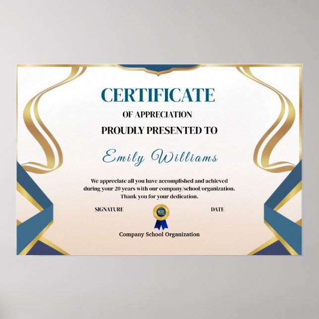 Custom Appreciation Achievement Gold Certificate P Poster (Front)