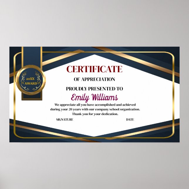Custom Appreciation Achievement Gold Certificate Poster (Front)