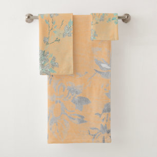 CUSTOM APRICOT SILVER FLORAL BATHROOM TOWEL SET