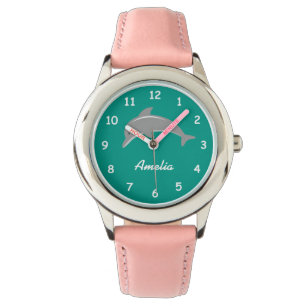Custom aqua and pink girls watch with cute dolphin