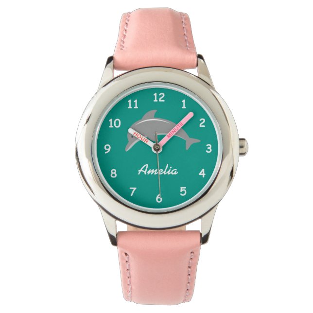Custom aqua and pink girls watch with cute dolphin (Front)