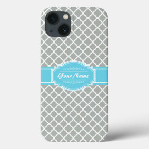 Custom Aqua and Silver Grey Moroccan Quatrefoil iPhone 13 Case