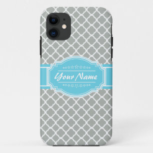 Custom Aqua and Silver Grey Moroccan Quatrefoil iPhone 11 Case