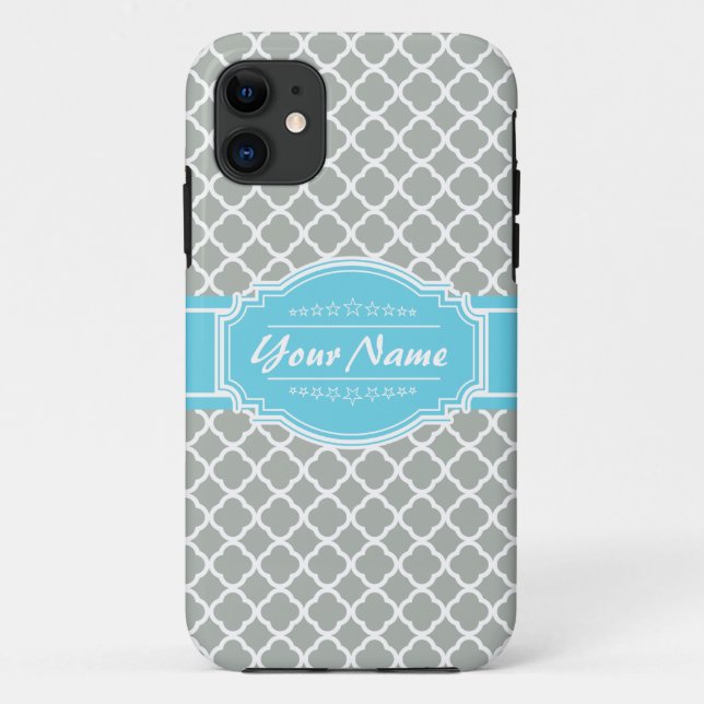 Custom Aqua and Silver Grey Moroccan Quatrefoil Case-Mate iPhone Case (Back)