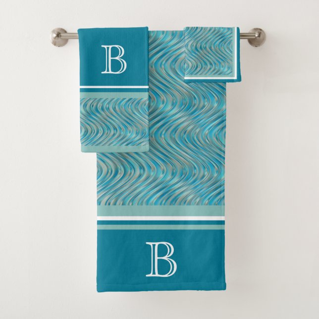 Custom Aqua Turquoise Blue Taupe Curved Lines Art Bath Towel Set (Insitu)