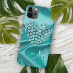 Custom Aqua Turquoise Diamonds Love Heart Pattern iPhone 15 Mini Case<br><div class="desc">A contemporary image of a faux shiny diamonds heart on a bright aqua turquoise blue green coloured printed image of wavy satin fabric. With room to customize or personalize with a monogram of your choice. Beautiful, modern, and cool cover for the trend-savvy and art-loving hip trendsetter, artsy motif lover who...</div>