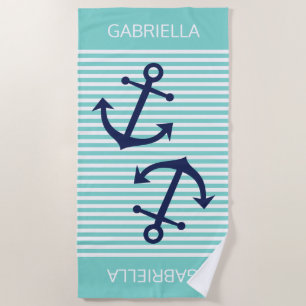 Custom Aqua Turquoise White Preppy Stripes Pattern Beach Towel