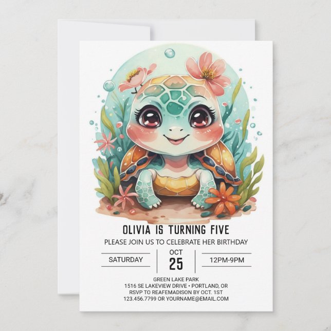Custom Aquatic Turtle Girl Birthday Invitation (Front)