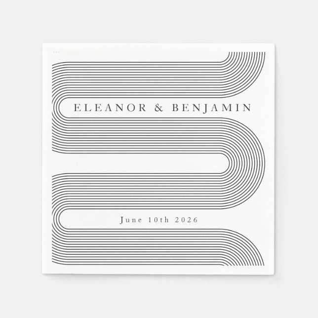 Custom Arch Black White Lines Elegant Name Wedding Napkin (Front)