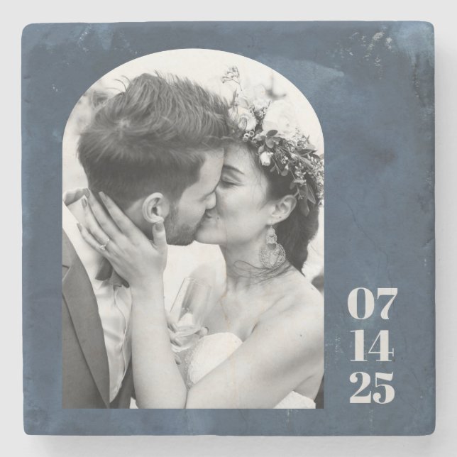 Custom Arch Shape Wedding Photo Date Navy Blue  Stone Coaster (Front)