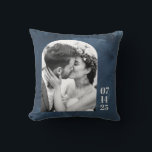 Custom Arch Shape Wedding Photo Date Navy Blue Throw Pillow<br><div class="desc">Custom Arch Shape Wedding Photo Date Navy Blue Throw Pillow</div>