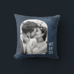 Custom Arch Shape Wedding Photo Date Navy Blue Throw Pillow<br><div class="desc">Custom Arch Shape Wedding Photo Date Navy Blue Throw Pillow</div>