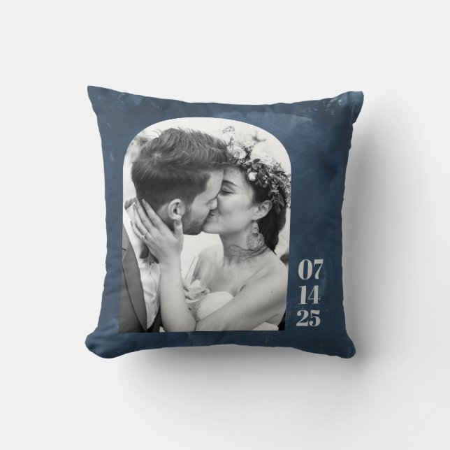 Custom Arch Shape Wedding Photo Date Navy Blue Throw Pillow (Front)
