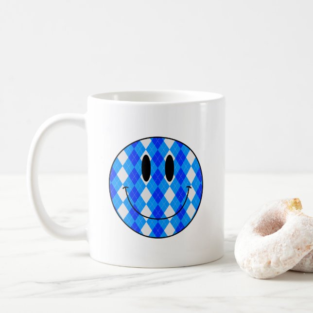 Custom Argyle Pattern Smiling Smilie Coffee Mug (With Donut)