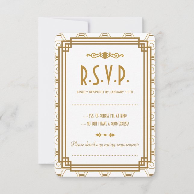 Custom Art Deco White Wedding RSVP Cards (Front)