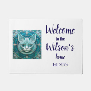 Custom Art Nouveau cat Family Welcome Coir Mat