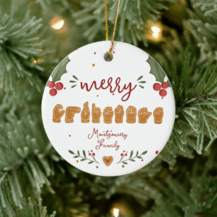 Custom ASL Merry Christmas Gingerbread Hands Ceramic Ornament