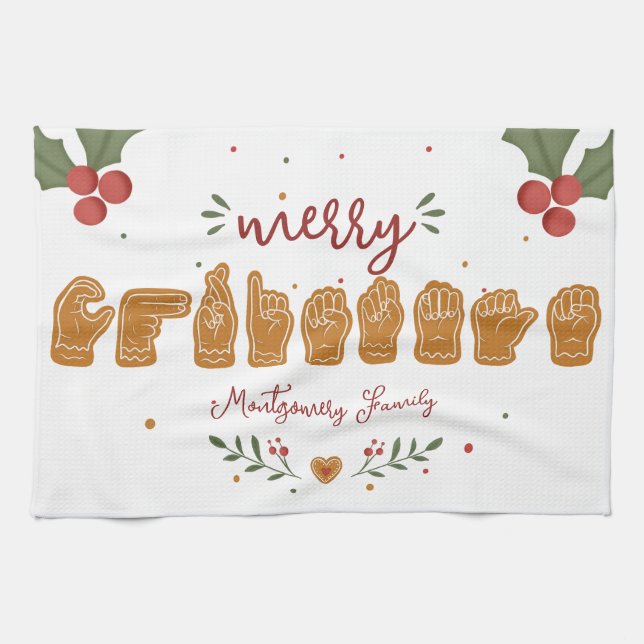 Custom ASL Merry Christmas Gingerbread Hands Kitchen Towel (Horizontal)