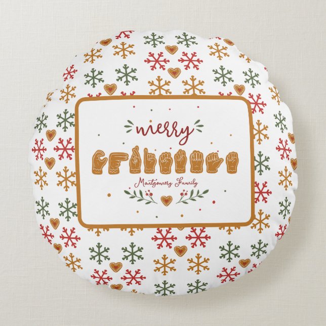 Custom ASL Merry Christmas Gingerbread Hands Round Pillow (Front)