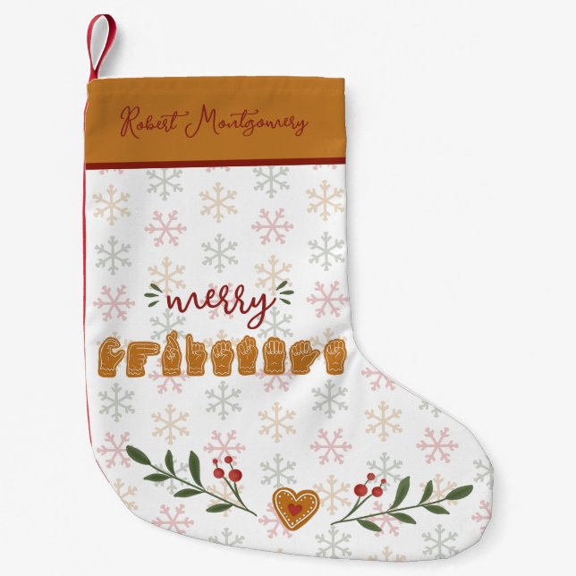 Custom ASL Merry Christmas Gingerbread Hands Small Christmas Stocking (Front)