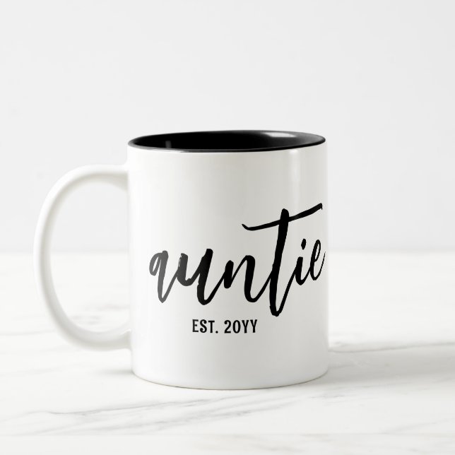 Custom Auntie Est. Modern Brush Script Typography Two-Tone Coffee Mug (Left)