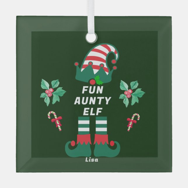 Custom Aunty Elf Family Matching Christmas Name Glass Ornament (Front)