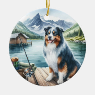 Custom Australian Shepherd Dog-Fishing in Heaven  Ceramic Ornament