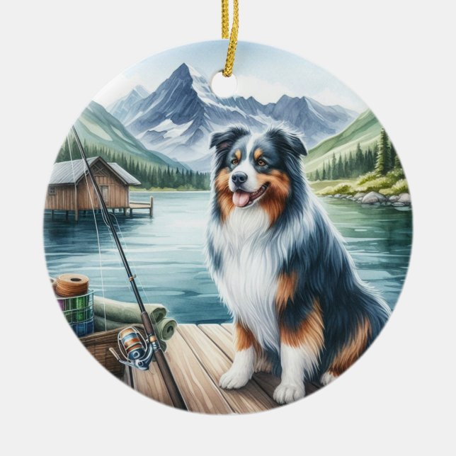 Custom Australian Shepherd Dog-Fishing in Heaven  Ceramic Ornament (Front)