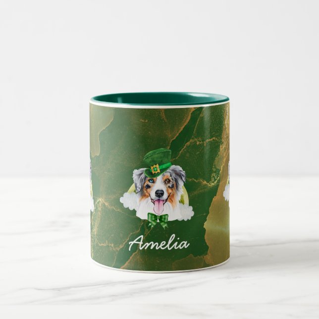 Custom Australian Shepherd Gold St. Patricks Day Two-Tone Coffee Mug (Center)