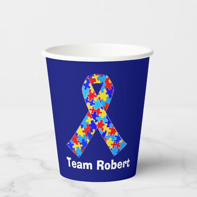 Custom Autism Awareness Ribbon Blue Party Paper Cups (Front)
