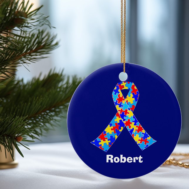 Custom Autism Awareness Ribbon Blue Puzzle Piece Ceramic Ornament (Creator Uploaded)