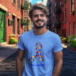 Custom Autism Awareness Ribbon Blue T-Shirt<br><div class="desc">Custom Autism awareness ribbon t-shirts for a fundraising walk or party to raise awareness for autistic friends or family. A cool proud autism mom or dad tee that can be personalized with any text below the puzzle piece ribbon of blue,  yellow,  and red.</div>