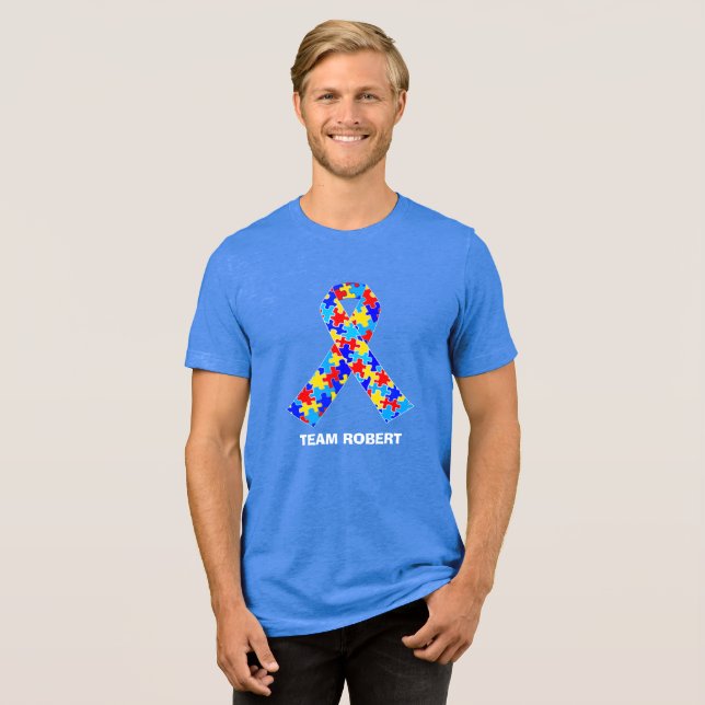 Custom Autism Awareness Ribbon Blue Tri-Blend Shirt (Front Full)