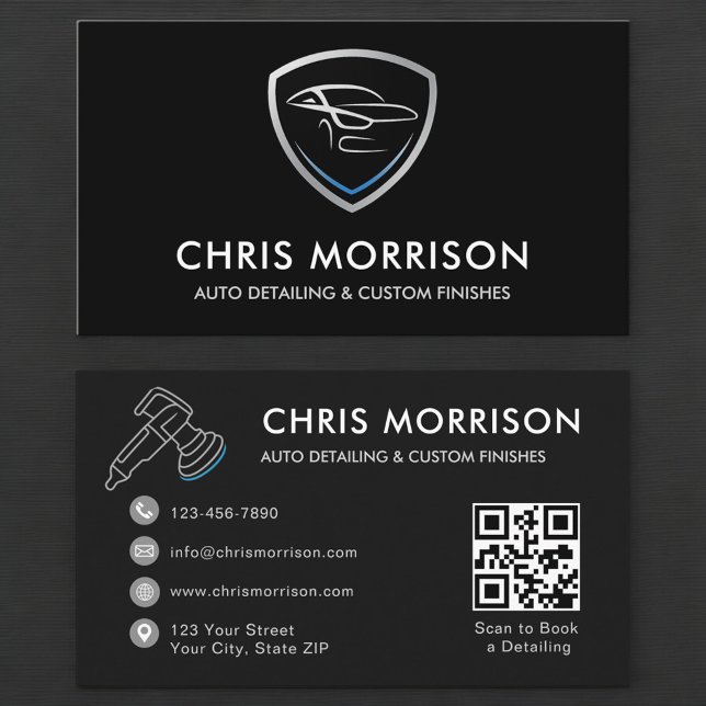 Custom Auto Detailing QR Code Service Shield Logo Business Card (Creator Uploaded)