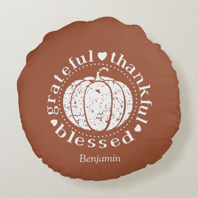 Custom Autumn Grateful Thankful Blessed Pumpkin Round Pillow (Back)