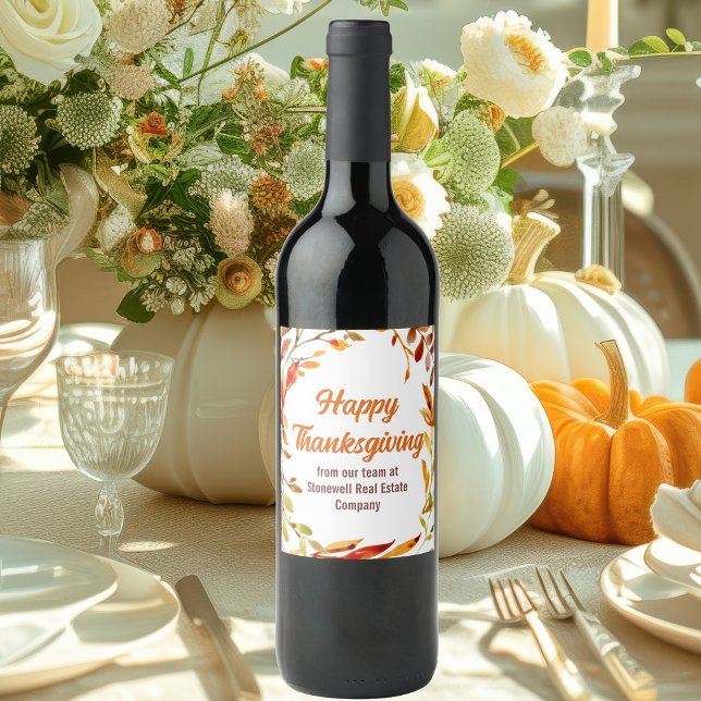 Custom Autumn Leaves Happy Thanksgiving Party Wine Label (Creator Uploaded)