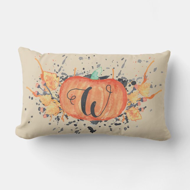 Custom Autumn Monogram Watercolor Pumpkin Lumbar Pillow (Front)