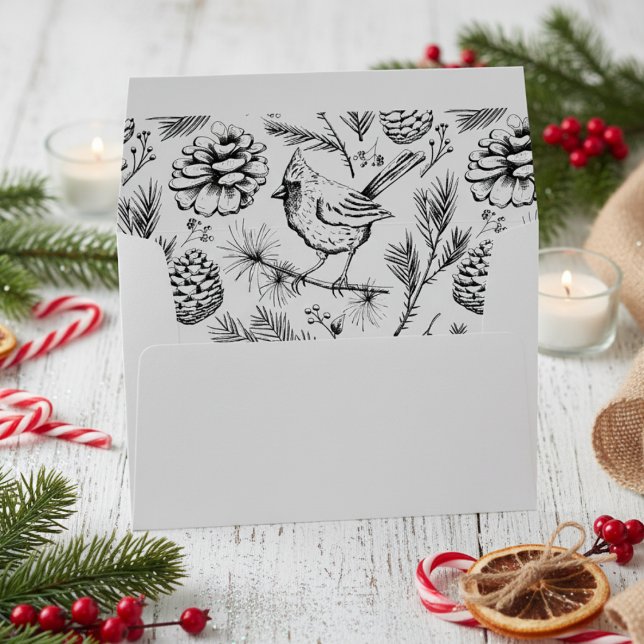 Custom B/W Cardinal Bird, Pinecones & Winter Berry Envelope (Modern Winter Red Cardinal Bird Pattern in Black and White. Elegant Bird Pattern for Christmas)