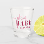 Custom Babe Funny Saying Personalized Name Shot Glass<br><div class="desc">Custom Babe Funny Saying Personalized Name Shot Glass features a simple design with the text "custom babe" in modern pink calligraphy script typography and personalized with your name. Perfect for a fun gift for mom, best friends, girlfriend, for birthday, Christmas, holidays, bridal shower, bachelorette party, Mother's Day and more. Designed...</div>